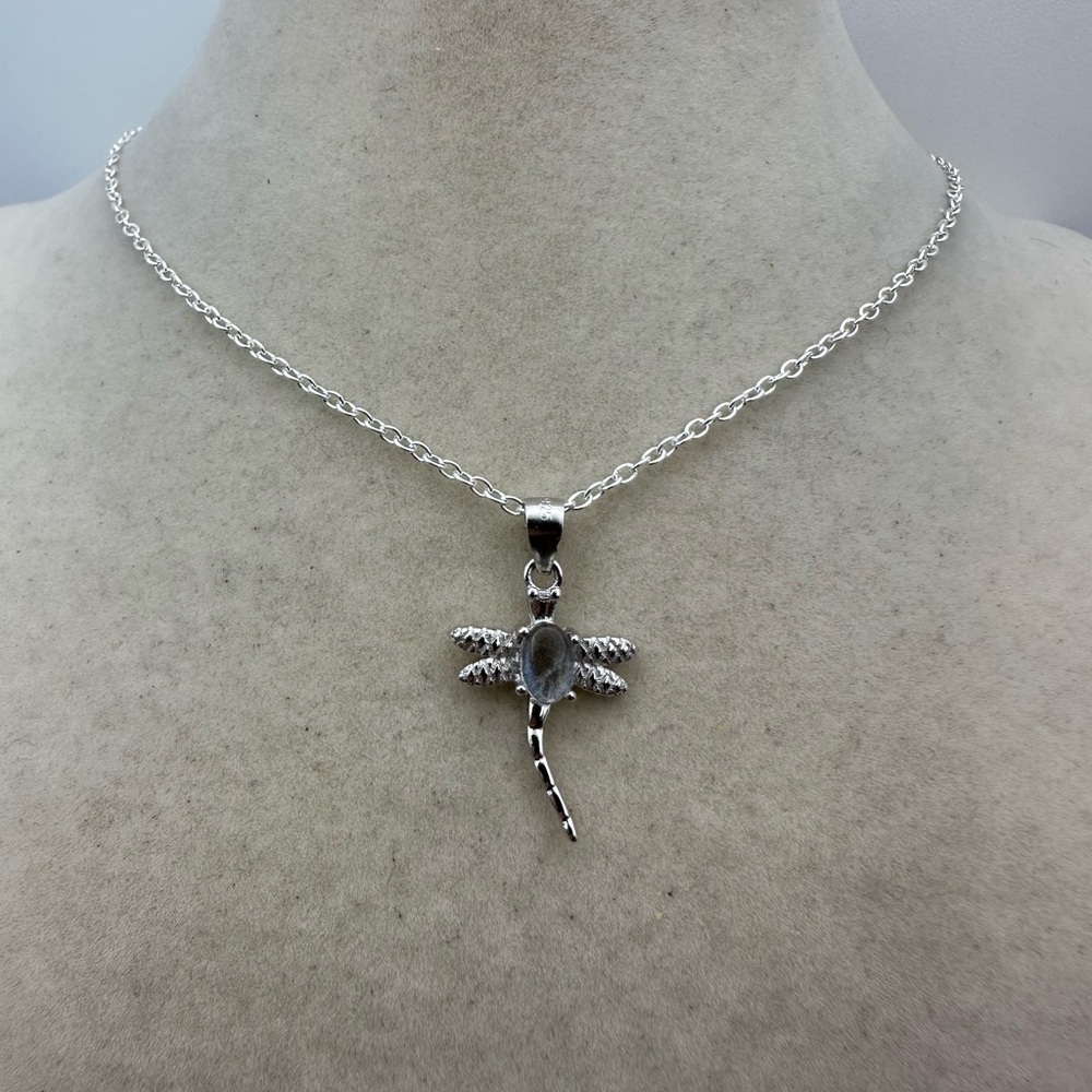 Silver Moonstone Dragonfly Pendant Necklace on Silver Plated Box Chain - Picture 10 of 12